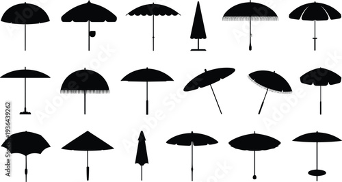 Beach umbrella silhouettes set sunshade parasol summer seaside vacation black vector illustration isolated on white background outdoor beach accessory collection
