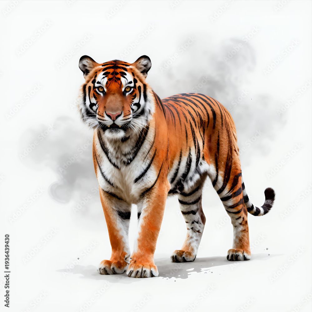 Obraz premium Majestic Tiger Standing Alert Against Soft Smoke Background, Realistic Wildlife Animal Illustration for Nature Conservation or Adventure Themes