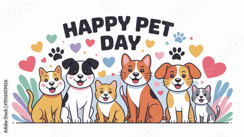 Happy pet day celebration with diverse group of smiling dogs and cats surrounded by hearts