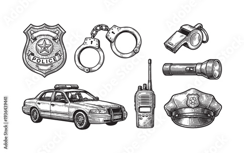 set of police and law enforcement equipment with a patrol car and station engraving vector illustration