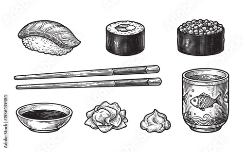 set of Japanese sushi including maki, nigiri, temaki, and chopsticks engraving vector illustration