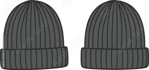 Ribbed knit beanie vector illustration, front and back view, warm winter hat design isolated on white background