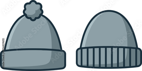 Winter beanie hat vector illustration, front and back view, warm knitted cap with pom pom isolated on white background