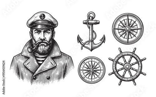 nautical set featuring a ship captain, anchor, compass, and steering wheel engraving vector illustration