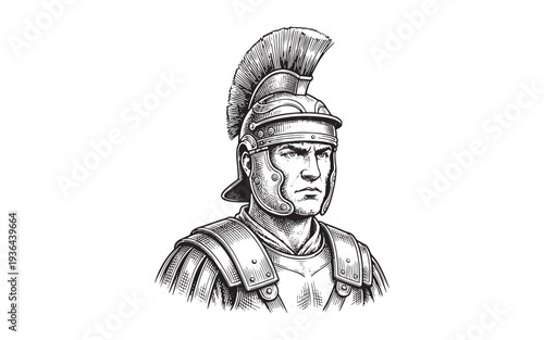Roman soldier profile with helmet engraving vector illustration