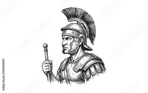 Roman soldier profile with helmet and spear engraving vector illustration