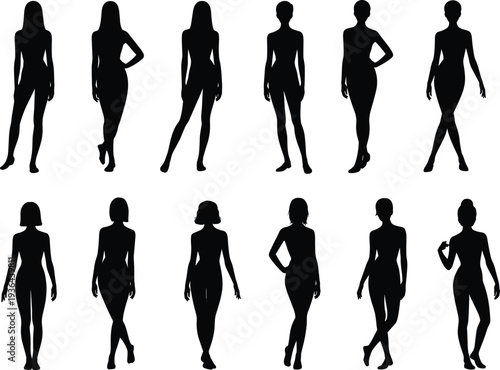 Collection of standing woman silhouettes in different poses, female body shapes fashion model figures vector illustration isolated on white background
