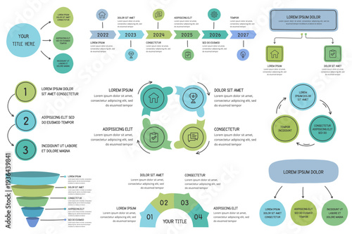 Set of hand drawn business infographic templates with diagrams, timelines, flow charts and other templates