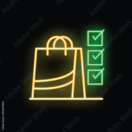 Neon shopping bag shining next to a completed checklist illuminated in bright green, embodying the satisfaction of online shopping and retail therapy