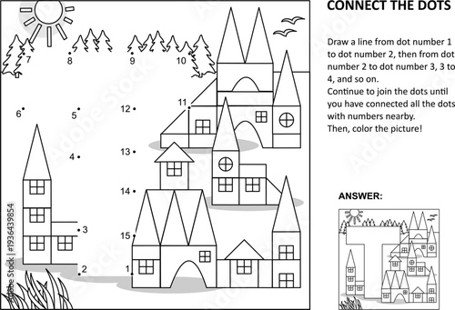 Educational connect the dots picture puzzle and coloring page - letter T, toy town. Answer included.
