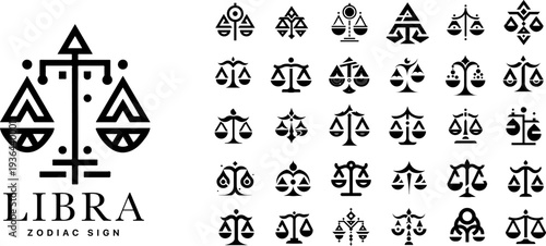 Libra zodiac sign ethnic icons set, monochrome scales symbols with ancient tribal ornaments