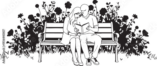 Silhouette set of elderly people sitting on park bench, senior couple relaxing and talking, retirement lifestyle concept, old age companionship, isolated black figures.