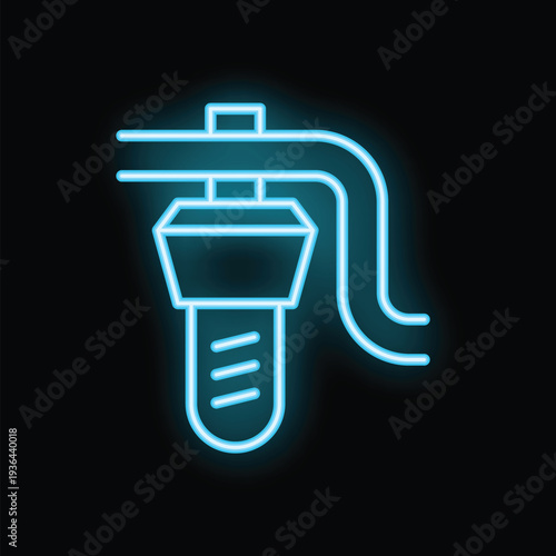 Glowing neon line icon of a water well is shining on a dark background