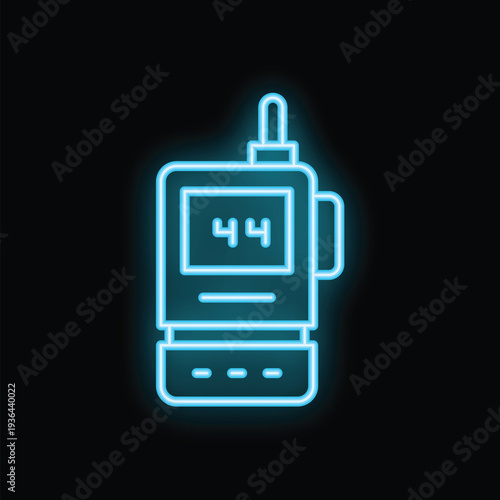 Blue neon icon of a walkie talkie glowing on a black background