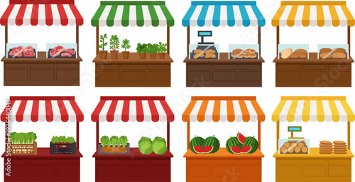 Colorful market stalls illustration, fresh meat vegetables bread fruit and bakery products outdoor street shop vector collection