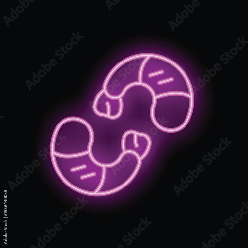 Neon sign showing two shrimps glowing on black background