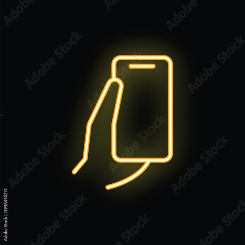 Neon sign of a hand holding a smartphone with blank screen on a black background
