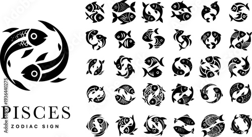 Pisces zodiac sign decorative silhouette icons, elegant fish astrology symbols with fluid aquatic shapes