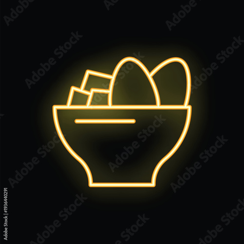 Bright neon sign showing a bowl overflowing with fresh salad ingredients