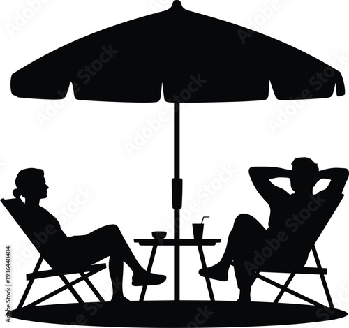Couple relaxing under beach umbrella lounge chairs silhouette summer vacation seaside leisure black vector illustration isolated on white background
