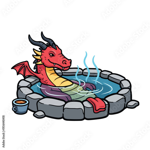 Line art vector of a dragon relaxing in a stone hot tub with steam rising