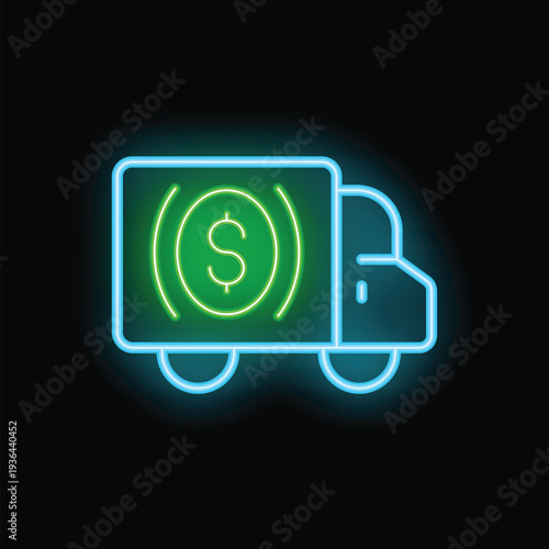Vibrant neon icon depicting an armored truck transporting money, symbolizing secure financial transactions and the movement of funds