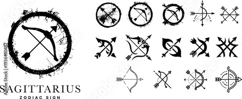 Sagittarius zodiac sign ethnic icons set, monochrome archer and bow symbols with ancient tribal ornaments