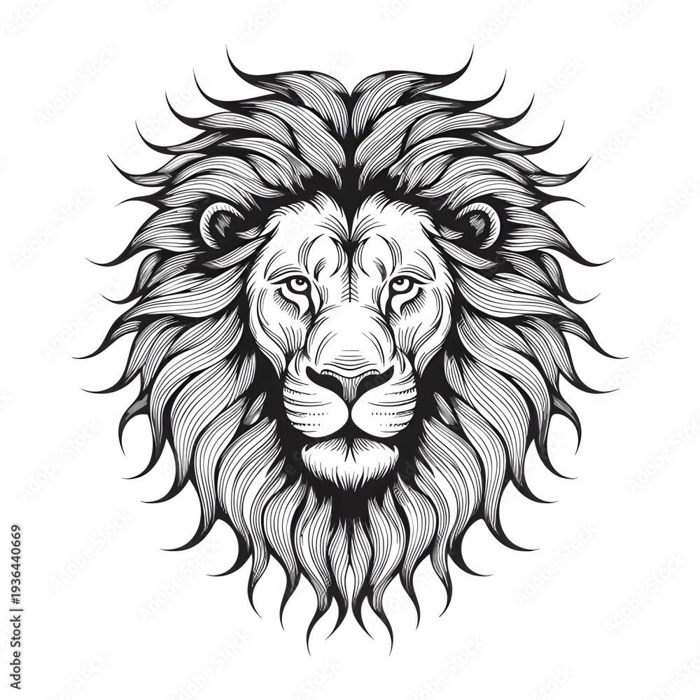 Obraz premium Lion head line art illustration with detailed mane drawing on white background for design