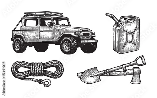 set of an offroad adventure vehicle, spare tire, tools, and compass engraving vector illustration
