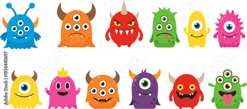 Cute cartoon monster characters vector set, funny colorful alien creatures illustration isolated white background kids mascot design