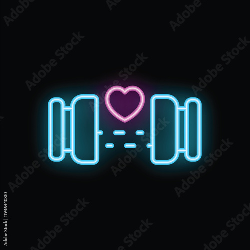 Glowing neon sign of a pink heart connecting two blue smartphones, representing online dating and long distance relationships