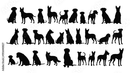 A collection of black dog silhouettes in various poses