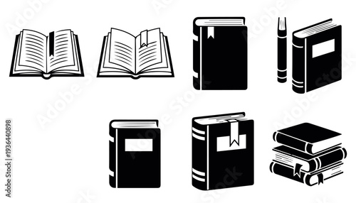 Print Poem and Book Vectors, Black and White Book Icon Set Open