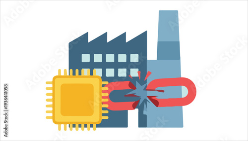 Illustration depicting a broken supply chain in manufacturing due to semiconductor chip shortages affecting industrial production.