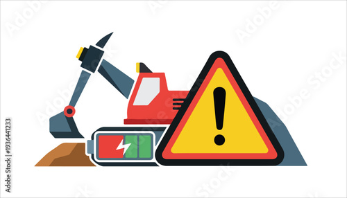 An illustration of a red excavator digging, with a battery icon and a yellow warning sign, symbolizing energy and potential issues in mining or construction.
