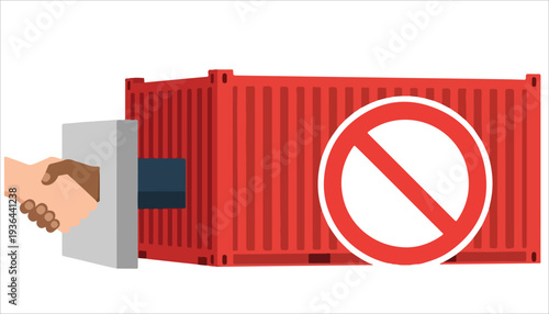 Illustration of a red shipping container with a 'no entry' sign, next to two hands shaking, symbolizing a prohibited business deal or trade restriction.