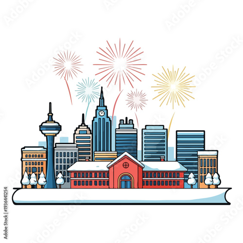 Vibrant cityscape celebration with fireworks, Line art vector illustration of urban landscape at dusk with buildings and festive atmosphere