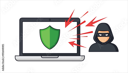 A laptop displaying a green shield icon, symbolizing cybersecurity, defending against a masked hacker launching a cyber attack with red arrows.