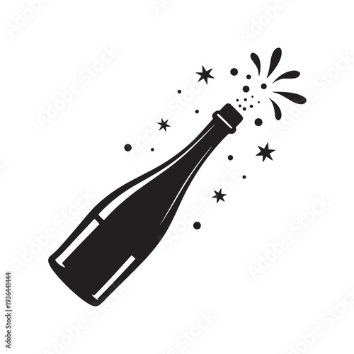 Champagne bottle silhouette with splashing liquid and celebratory stars, representing party, event, and festive occasion, sparkling beverage icon, joy.