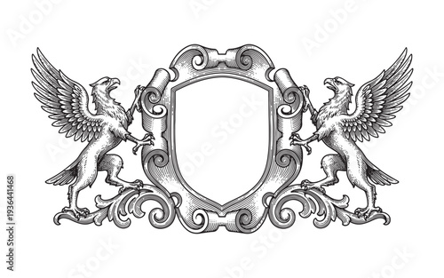 coat of arms featuring a blank shield supported by two heraldic griffins