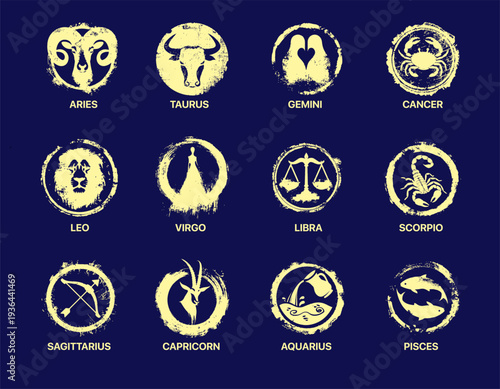 Zodiac signs vintage stamp icons set, 12 astrology symbols with grunge ink texture and retro look