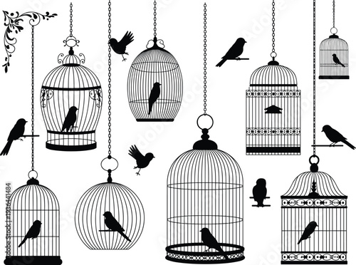 Black and white birdcage silhouettes with birds inside and outside, decorative floral corner, freedom and confinement vector illustration artwork