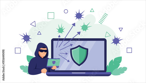 A hacker figure in a hoodie and sunglasses uses a laptop, while another laptop screen displays a shield icon defending against digital viruses and cyber threats.