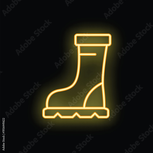 Yellow neon sign shaped like a rubber boot glowing on a black background