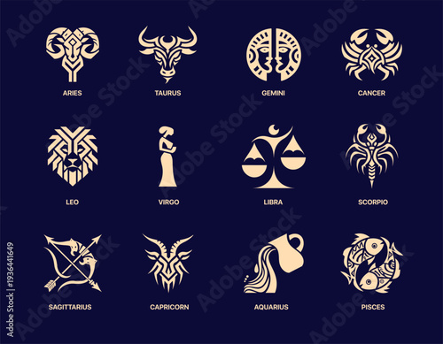 Zodiac signs decorative silhouette icons set, 12 elegant astrology symbols with fluid shapes