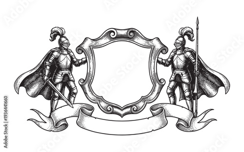 coat of arms featuring a blank shield supported by two armored knights engraving vector illustration