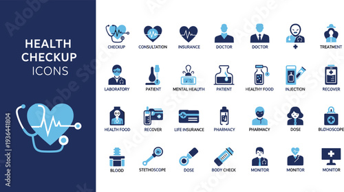 Set of Health Checkup Icons Featuring Doctor, Consultation, Treatment, Mental Health, and Medical Services for Healthcare Designs