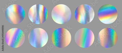 Circle holographic neon sticker, blank colorful template, realistic label with foil metallic effect. Shiny round rainbow y2k emblem. Mockup sale icon. Gradient hologram. Vector EPS10