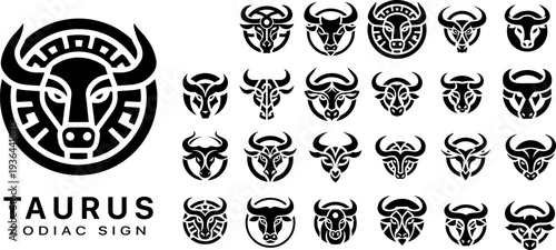 Taurus zodiac sign geometric icons set, bull head symbols with greek ornaments and round borders