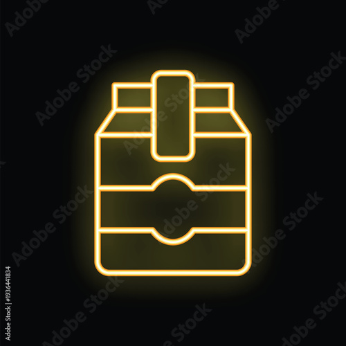 Yellow neon icon of a milk or juice carton glowing on a black background